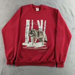 Vintage 90s Jerzees Sweatshirt Mens XL Red Wolf Alaska Graphic Pullover USA
